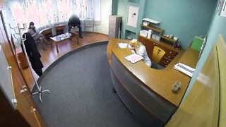 Brunette rubs pussy at her doctor