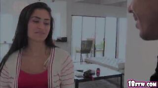 Brunette teen Giselle Mari spread her legs open to get her pussy pounded