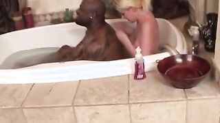 Interracial massage babe tugging on dick