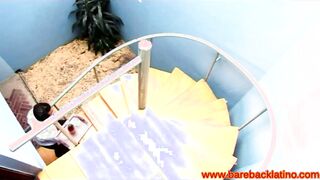 Latino amateur couple jumps on waiter