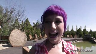 Blonde on leash sucking huge dick POV