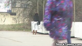 Stranded teen misses the bus we do a pickup and fuck her in car
