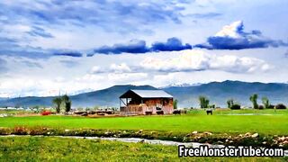 Busty 3D cartoon brunette hottie masturbates outdoors