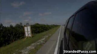 Hot sexy Nadia shows her great pair of tits to the stranger for a ride