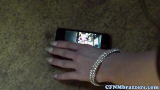 Busty CFNM pornstars tug and suck dick