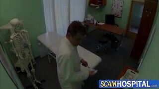 Gorgeous brunette Catrin gets fucked by the doctors huge cock in his table