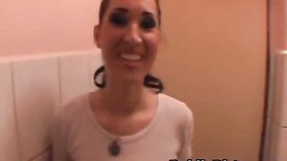 Brunette Sucks Dick And Doggystyled In Public Bathroom Stall