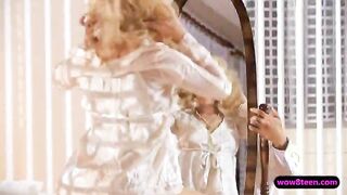 Slutty curly blonde babe fucked doggystyle on the couch