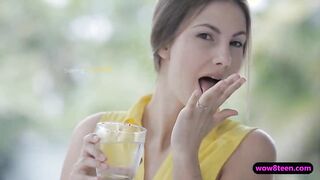 Beautiful gal in yellow dress strip off then screwed hard