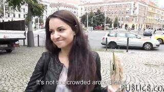 Eurobabe flashes tits nailed and facialed for some cash