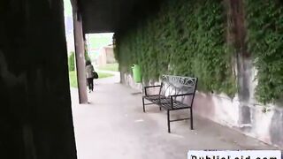 Busty brunette fucking in car in public