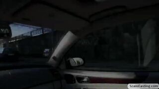 Pretty Angelina gets fucked from behind outside of the cab by dudes huge cock