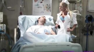 Shy sexy brunette nurse gives a sponge bath