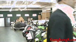 Naughty brunette gal blowjob then gangbanged by black cocks