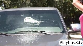 Kinky girl sucks cock outdoors then fucked inside the house