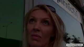 Blonde chick Gina enjoys threesome fucked with the two fake agents