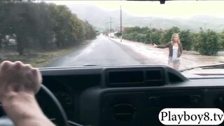 Skinny blonde teen slut sucks cock and fucked inside the van