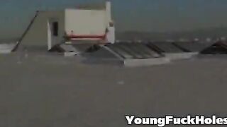 Lucky guy gets to fuck tight blonde teen girl on the roof top of a tall building. Then he shoots his load right into the mouth.