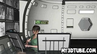 Busty 3D brunette babe in glasses toying her pussy