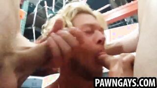 Horny stud getting double teamed at the pawn shop