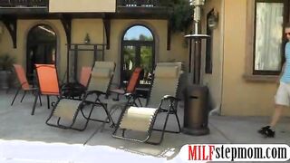 Cougar caught her stepson fucking a blonde gal on her bed