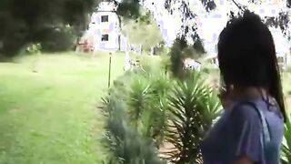 Sexy brunette shemale sucking fat cock