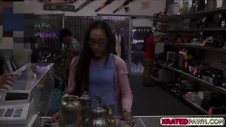 Lovely busty brunette desperate to sell something at the shop but instead gets caught selling pussy