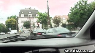 Stranded teen bride fucks stranger in car