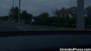 Stranded teen Jenny gets banged by the stranger with a huge cock in the countryside