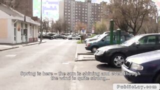 Blonde Hungarian amateur bangs outdoors