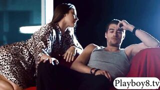 Glamour honey fucked in her hairy pussy on the couch