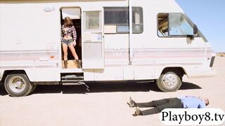 Sexy brunette cowgirl screwed up inside a big van