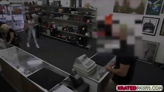 Busty Brunette Latina tries to sell something at the shop instead gets caught sucking dick