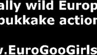 Group of guys sucked by European bukkake slut