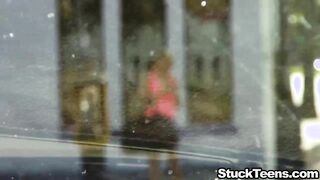 Skinny teen fucking stranger in car as he records