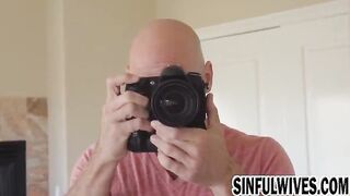 Brunette bride with small tits sucks a cameramans cock