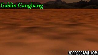 3D brunette double teamed outdoors by some goblins