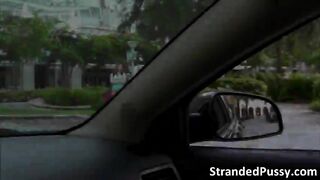 Huge tits babe Rainia Belle gets her shaved pussy fucked in the baackseat