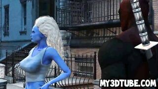 3D blue babe sucking on Deadpools rock hard cock
