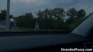 Brunette Jenny gets her pussy destroyed by the strangers huge prick