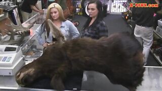 Two amazingly hot lesbians fucked by pawnshop keeper