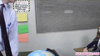 Four schoolgirls banged by their teacher in the classroom