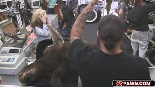 Blonde and brunette pawn shop fuck