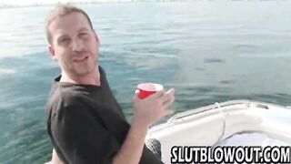 Two babes with small tits get fucked on a boat