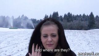 Amateur Czech slut flashes her big tits and banged in the car