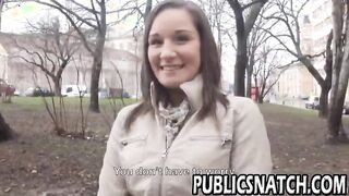 Skinny brunette flashes her tits in public