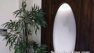 Hot brunette sucks dick in kitchen