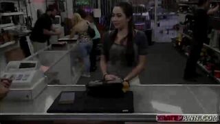 Brunette lady gets big dick as exchange payment for sex inside of the pawn shop office