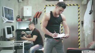 Macho muscle men in hot gay threesome