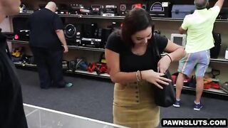 Hot brunette teen gives a lap dance at the pawn shop